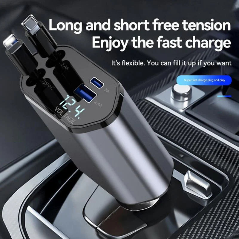 4-in-1 Retractable Car Charger | Dual Port USB-C PD Fast Charging