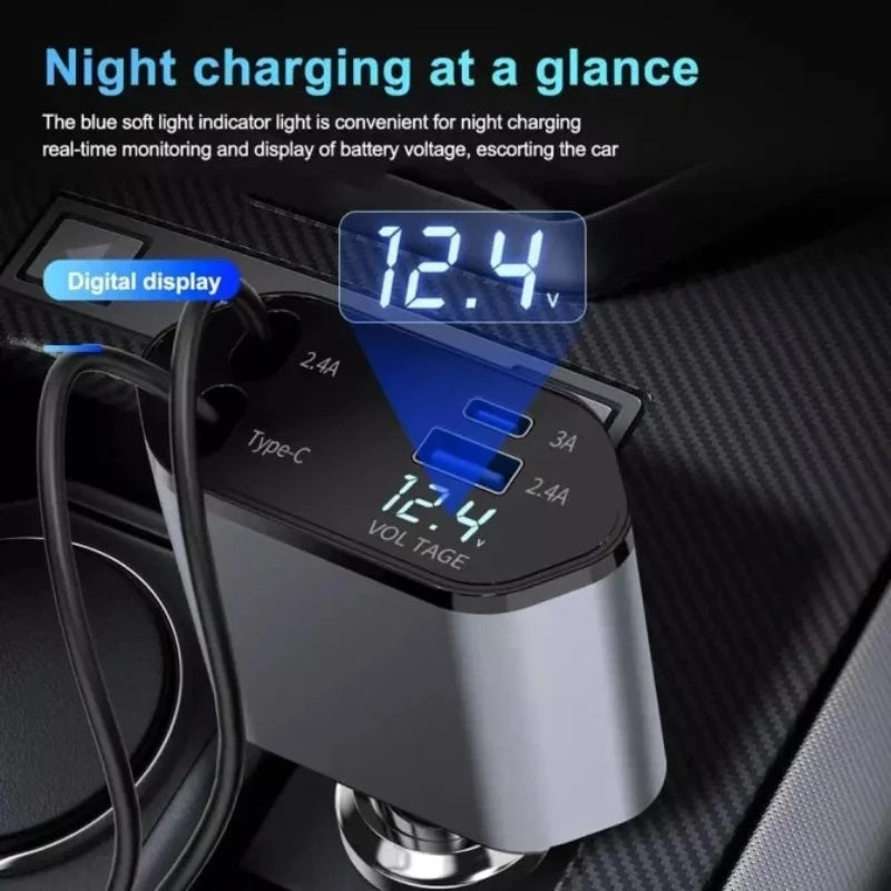 4-in-1 Retractable Car Charger | Dual Port USB-C PD Fast Charging