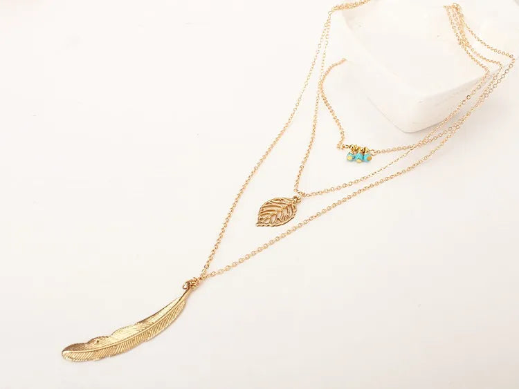 Turquoise Leaf Feather Multi Layer Necklace