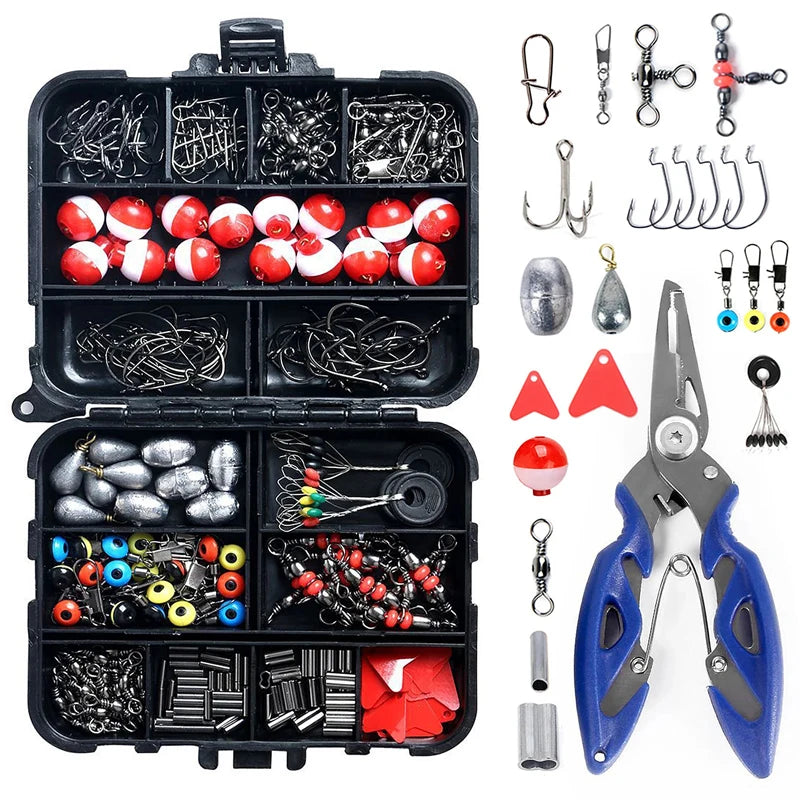 263pcs Fishing Set with Tackle box, Inc. Plier Jig Hooks Sinker Weight Swivels Snaps Sinker Slides