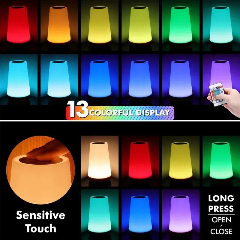 Lámpara de noche RGB recargable por USB con control remoto táctil y 13 colores, regulable, portátil, para mesa o mesilla.