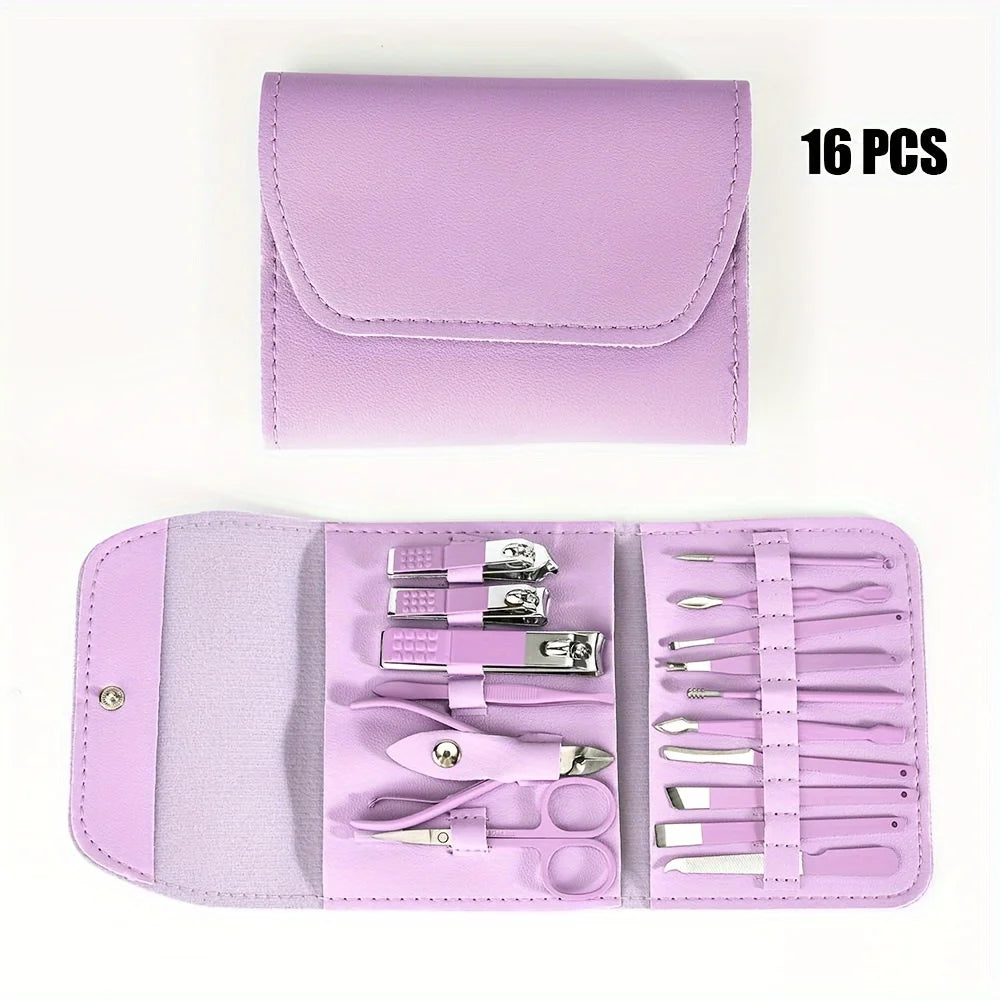 16pcs Professional Nail Clippers Set Stainless Steel - Manicure Pedicure Kit with Travel Case