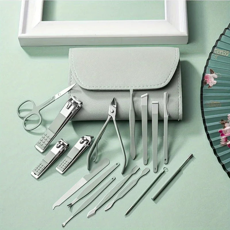 16pcs Professional Nail Clippers Set Stainless Steel - Manicure Pedicure Kit with Travel Case