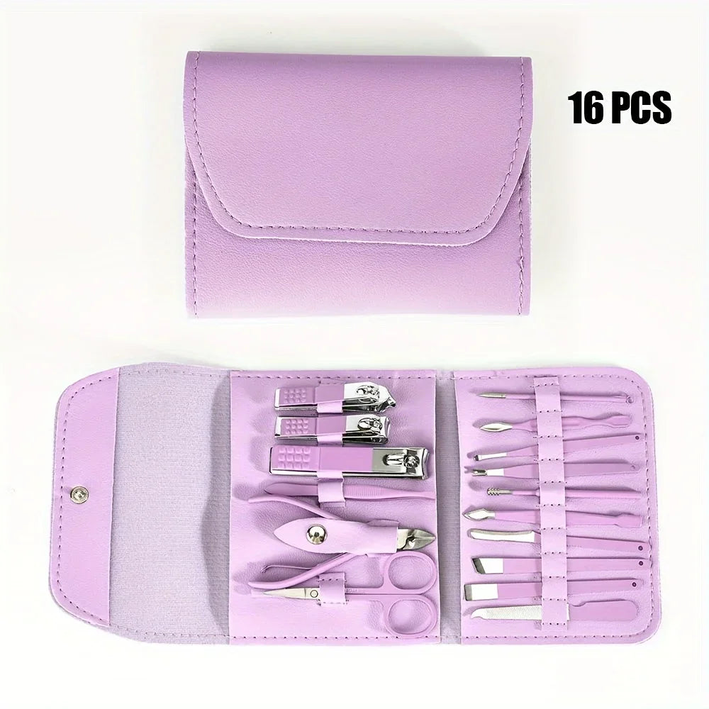 16pcs Professional Nail Clippers Set Stainless Steel - Manicure Pedicure Kit with Travel Case