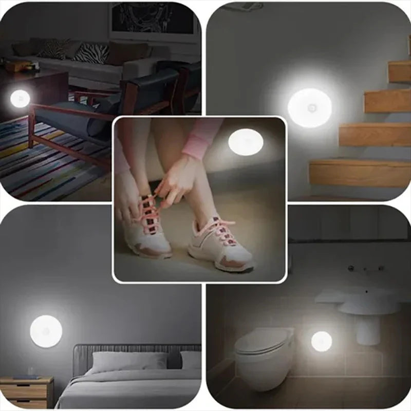 Luz nocturna LED con sensor de movimiento PIR, recargable por USB, ideal para cocina, armario, vestidor o escalera.