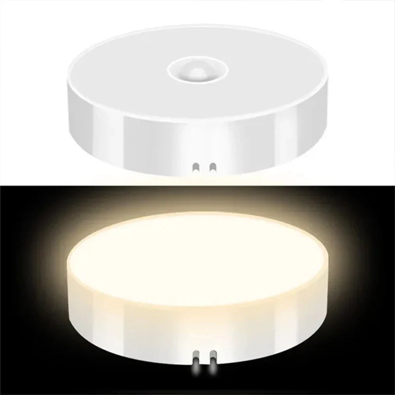 Luz nocturna LED con sensor de movimiento PIR, recargable por USB, ideal para cocina, armario, vestidor o escalera.